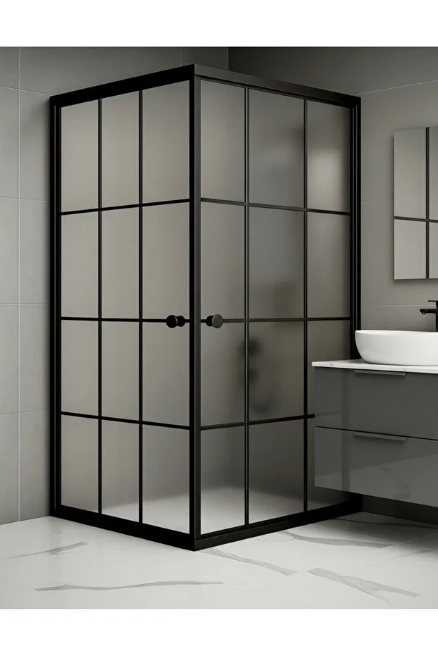 Duşakabin Kare Komple Buzlu Siyah Çizgi